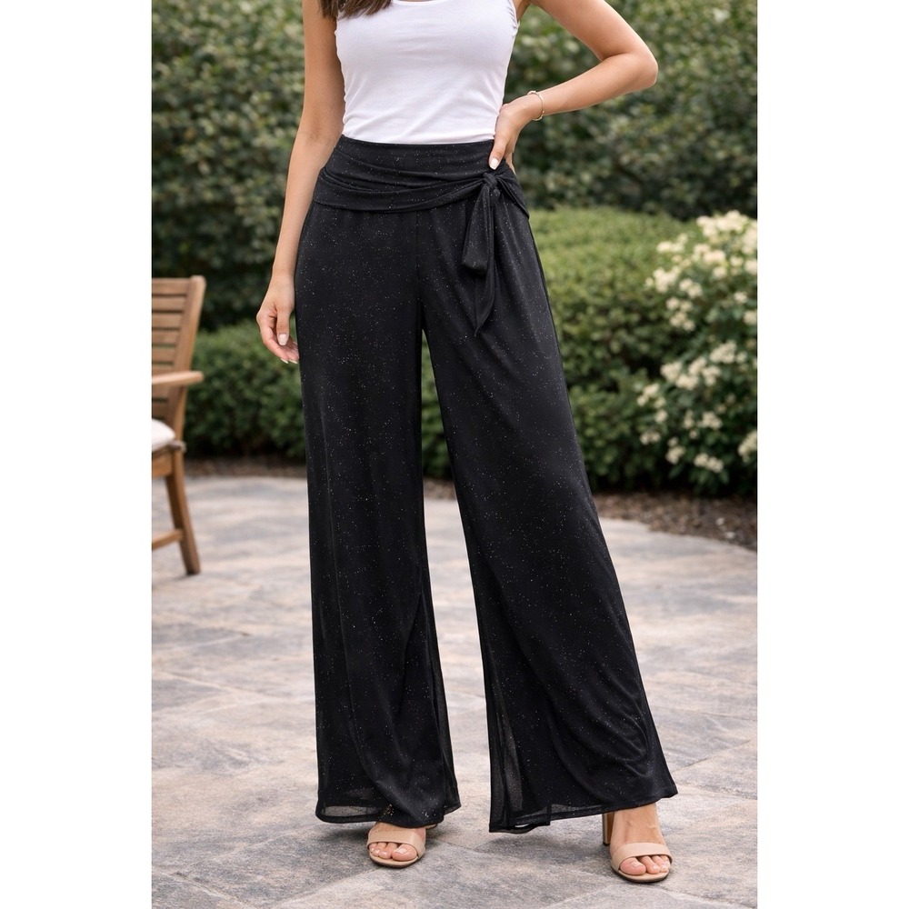 New Blu Sage Women's Black Chiffon Silver Glitter Wide Leg Belted Lined Pants L